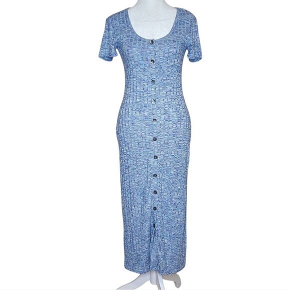 Steve Madden Dresses & Skirts - Steve Madden A Long Story Knit Dress Blue Space Dye Faux Button Front Small NWT